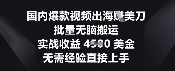 国内爆款视频出海挣美刀,批量无脑搬运,实战收益4.5k,无需经验直接上手-誉聚网赚